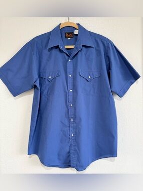 VTG Plains Western Wear Pearl Snap Shirt Mens Large Blue  Cowboy Rodeo Ranchwear